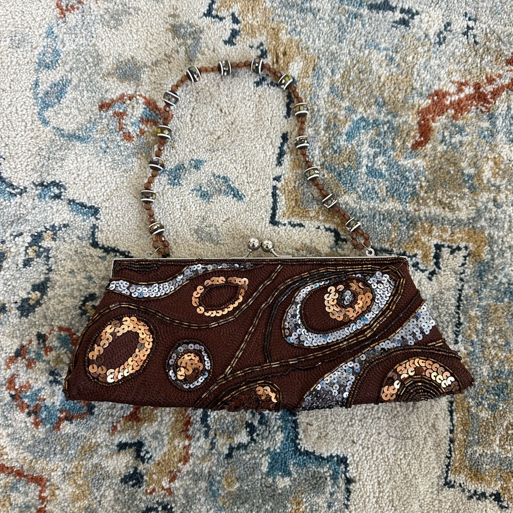 Brown Beaded Clutch Bag